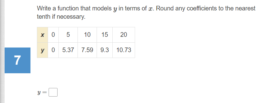 Write a function that models y in terms of x. Round any coefficients to the nearest
tenth if necessary.
x 0 5
10
15
20
y 0 5.37 7.59 9.3
10.73
7
y =
