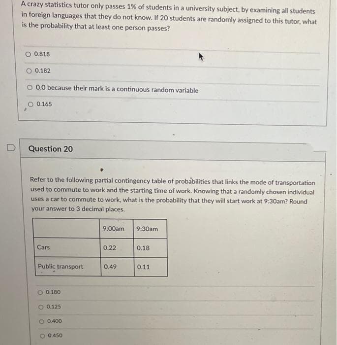 A crazy statistics tutor only passes 1% of students in a university subject, by examining all students
in foreign languages that they do not know. If 20 students are randomly assigned to this tutor, what
is the probability that at least one person passes?
O 0.818
0.182
O 0.0 because their mark is a continuous random variable
O 0.165
D
Question 20
Refer to the following partial contingency table of probabilities that links the mode of transportation
used to commute to work and the starting time of work. Knowing that a randomly chosen individual
uses a car to commute to work, what is the probability that they will start work at 9:30am? Round
your answer to 3 decimal places.
9:00am
9:30am
Cars
0.22
0.18
Public transport
0.49
0.11
O 0.180
0.125
O 0.400
0.450
