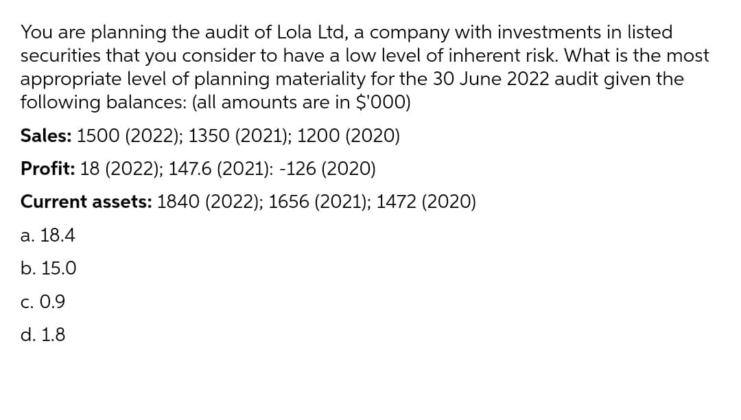 You are planning the audit of Lola Ltd, a company with investments in listed
securities that you consider to have a low level of inherent risk. What is the most
appropriate level of planning materiality for the 30 June 2022 audit given the
following balances: (all amounts are in $'000)
Sales: 1500 (2022); 1350 (2021); 1200 (2020)
Profit: 18 (2022); 147.6 (2021): -126 (2020)
Current assets: 1840 (2022); 1656 (2021); 1472 (2020)
а. 18.4
b. 15.0
С. 0.9
d. 1.8
