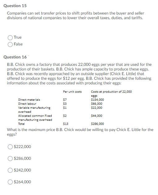 Question 15
Companies can set transfer prices to shift profits between the buyer and seller
divisions of national companies to lower their overall taxes, duties, and tariffs.
True
False
Question 16
B.B. Chick owns a factory that produces 22,000 eggs per year that are used for the
production of their baskets. B.B. Chick has ample capacity to produce these eggs.
B.B. Chick was recently approached by an outside supplier (Chick E. Little) that
offered to produce the eggs for $12 per egg. B.B. Chick has provided the following
information about the costs associated with producing their eggs:
Per unit costs
Costs at production of 22,000
$7
$3
$1
eggs
S154,000
$66,000
$22,000
Direct materials
Direct labour
Variable manufacturing
overhead
Allocated common Fixed
$2
$44,000
manufacturing overhead
Total
$13
S286,000
What is the maximum price B.B. Chick would be willing to pay Chick E. Little for the
eggs?
$222,000
$286,000
$242,000
$264,000
