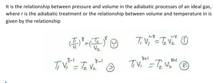 It is the relationship between pressure and volume in the adiabatic processes of an ideal gas,
where r is the adiabatic treatment or the relationship between volume and temperature in is
given by the relationship
e T-なごの
TiV =Te V O

