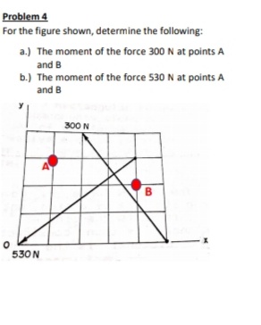 Problem 4
For the figure shown, determine the following:
a.) The moment of the force 300 N at points A
and B
b.) The moment of the force 530 N at points A
and B
300 N
A
530N
