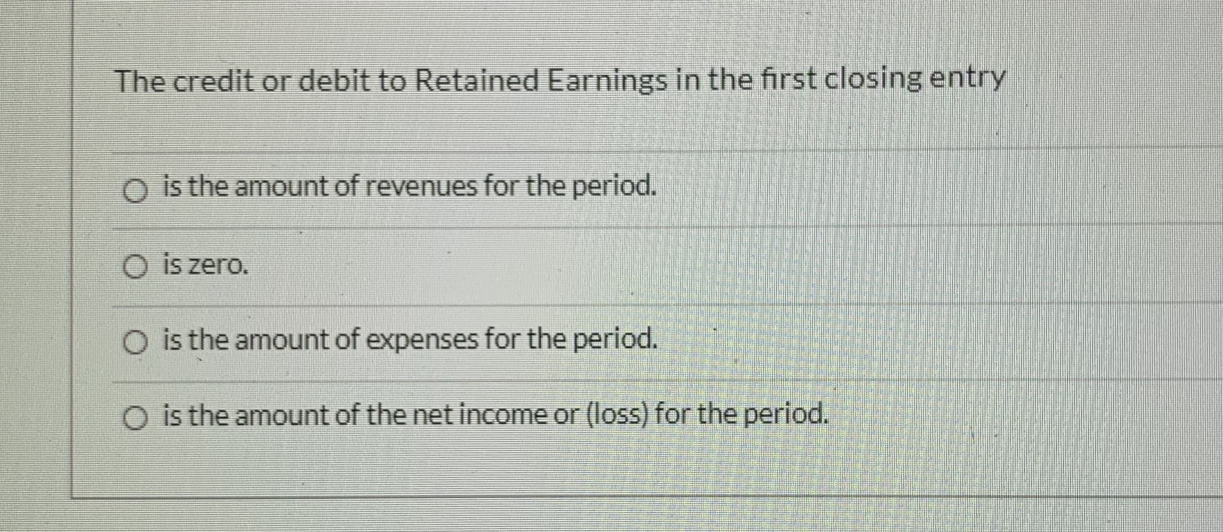 The credit or debit to Retained Earnings in the first closing entry
O is the amount of revenues for the period.
O is zero.
O is the amount of expenses for the period.
is the amount of the net income or (loss) for the period.
