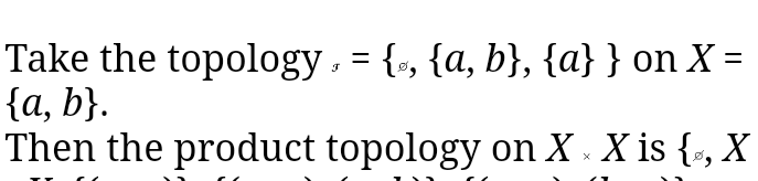 Take the topology, = {,, {a, b}, {a}} on X =
{а, b}.
Then the product topology on X . X is {,, X

