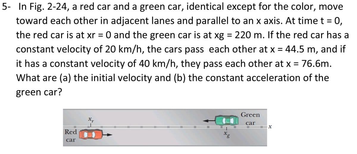5- In Fig. 2-24, a red car and a green car, identical except for the color, move
toward each other in adjacent lanes and parallel to an x axis. At time t = 0,
the red car is at xr = 0 and the green car is at xg = 220 m. If the red car has a
constant velocity of 20 km/h, the cars pass each other at x = 44.5 m, and if
it has a constant velocity of 40 km/h, they pass each other at x = 76.6m.
What are (a) the initial velocity and (b) the constant acceleration of the
green car?
Red
car
x
Green
car
x