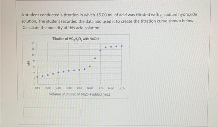 A student conducted a titration in which 15.00 mL of acid was titrated with a sodium hydroxide
solution. The student recorded the data and used it to create the titration curve shown below.
Calculate the molarity of this acid solution.
Titration of HC,H,O, with NaOH
14
12
10
200
400
6.00
8.00
10.00
12.00
14.00
16.00
Volume of 0.0896 M NaOH added (ml)
Hd
