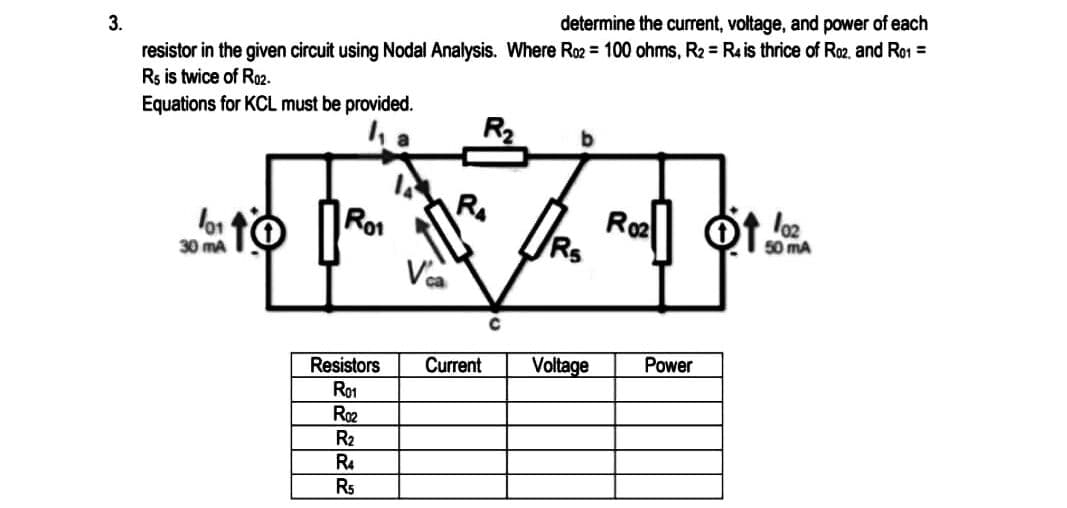 determine the current, voltage, and power of each
3.
resistor in the given circuit using Nodal Analysis. Where Ro2 = 100 ohms, R2 = Rais thrice of Ro2. and Ro1 =
Rs is twice of Ro2.
Equations for KCL must be provided.
R2
Rot
Va
Ro2
Rel Ot
lo2
50 mA
lor
30 mA
Current
Voltage
Power
Resistors
Ro1
R2
R.
Rs
