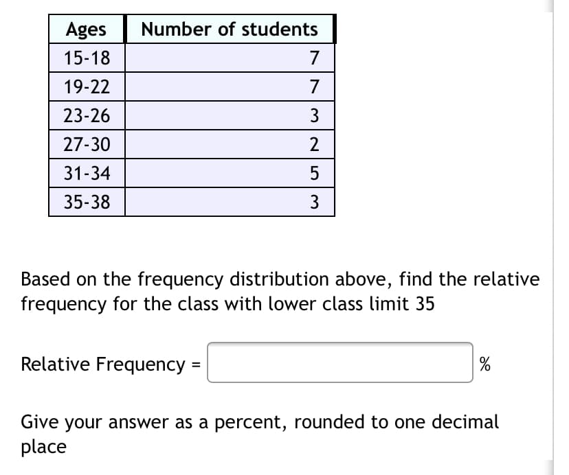 Ages
Number of students
15-18
7
19-22
7
23-26
3
27-30
2
31-34
35-38
3
Based on the frequency distribution above, find the relative
frequency for the class with lower class limit 35
Relative Frequency
Give your answer as a percent, rounded to one decimal
place
