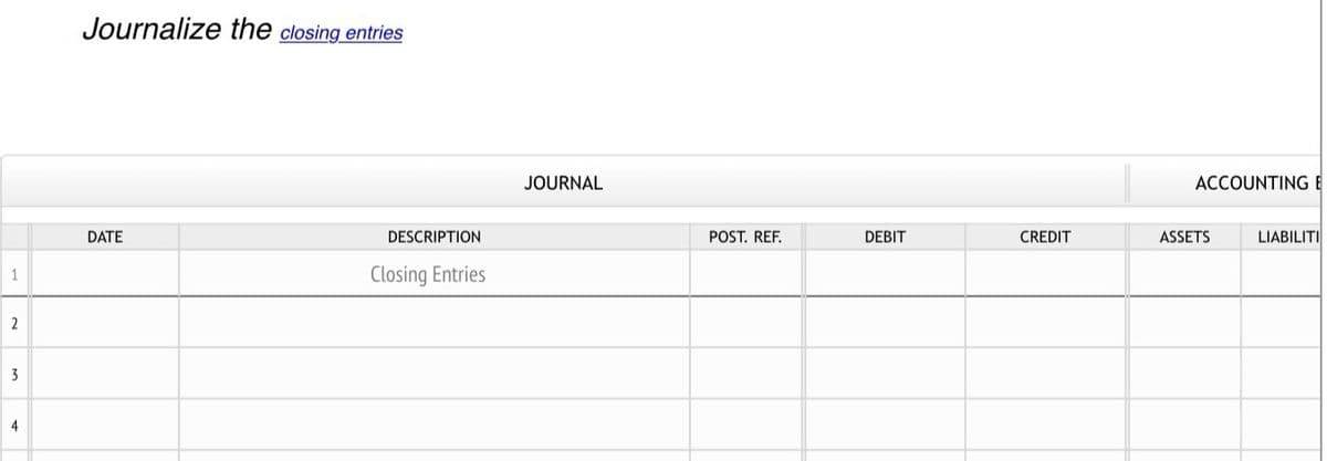 1
2
3
4
Journalize the closing entries
DATE
DESCRIPTION
Closing Entries
JOURNAL
POST. REF.
DEBIT
CREDIT
ACCOUNTING E
ASSETS
LIABILITI