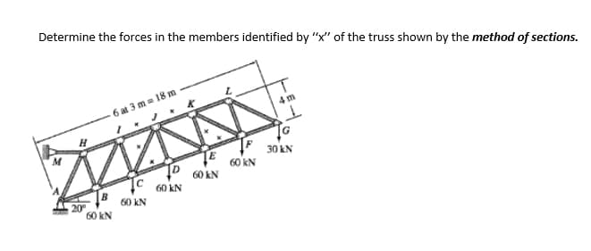 Determine the forces in the members identified by "x" of the truss shown by the method of sections.
6 at 3 m = 18 m
4m
D
60 KN
20⁰
60 KN
60 KN
60 KN
60 kN
30 kN