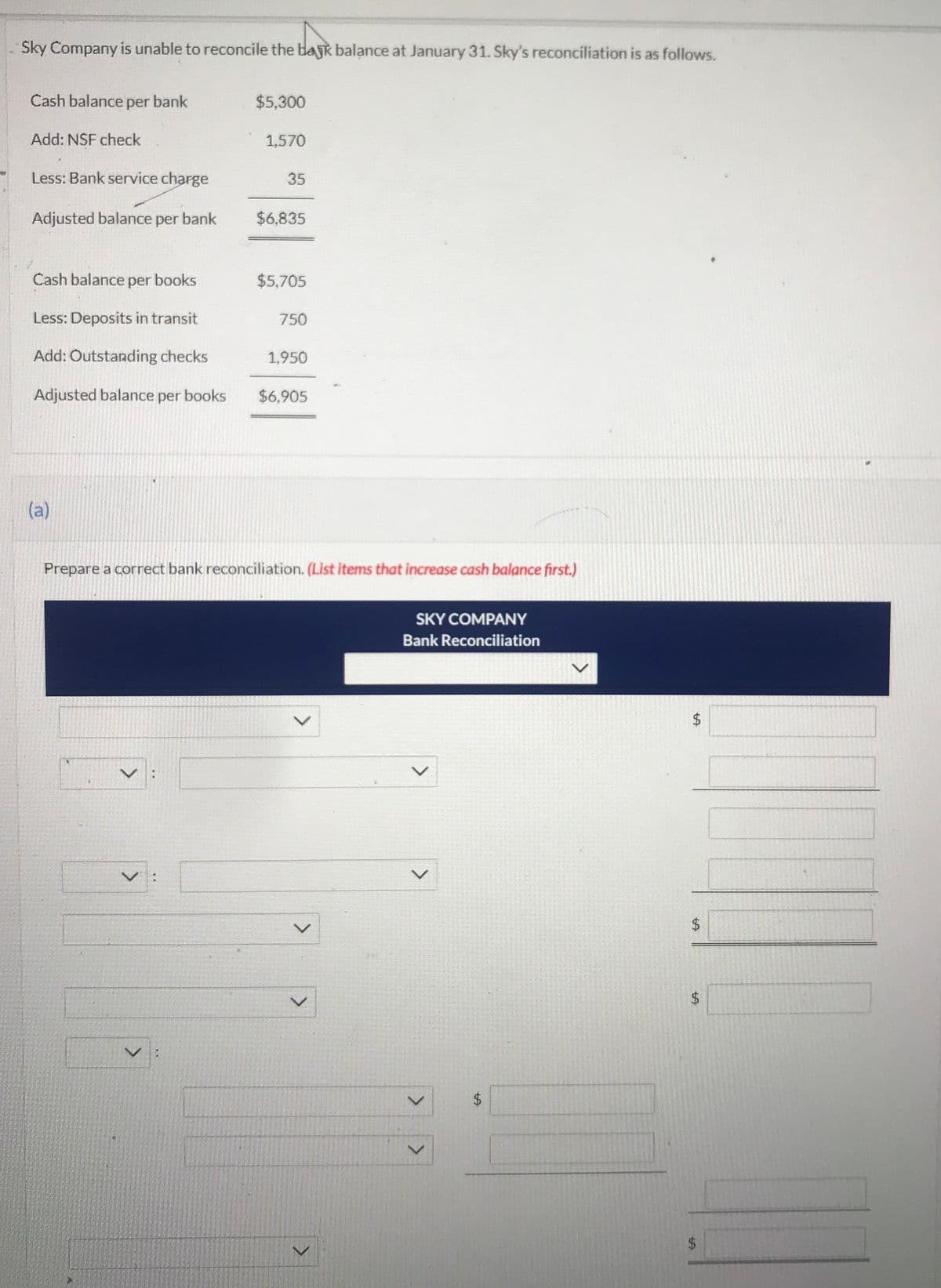 Sky Company is unable to reconcile the bank balance at January 31. Sky's reconciliation is as follows.
Cash balance per bank
Add: NSF check
Less: Bank service charge
Adjusted balance per bank
Cash balance per books
Less: Deposits in transit
Add: Outstanding checks
Adjusted balance per books
(a)
$5,300
1,570
35
$6,835
$5,705
750
1,950
$6,905
Prepare a correct bank reconciliation. (List items that increase cash balance first.)
V
SKY COMPANY
Bank Reconciliation
V
V
> >
$
$
$
$