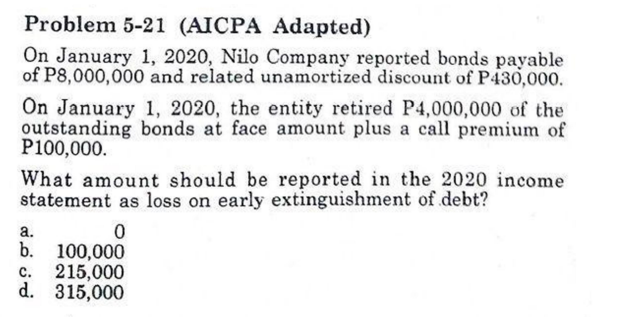 Problem 5-21 (AICPA Adapted)
On January 1, 2020, Nilo Company reported bonds payable
of P8,000,000 and related unamortized discount of P430,000.
On January 1, 2020, the entity retired P4,000,000 of the
outstanding bonds at face amount plus a call premium of
P100,000.
What amount should be reported in the 2020 income
statement as loss on early extinguishment of debt?
а.
b. 100,000
215,000
d. 315,000
с.
