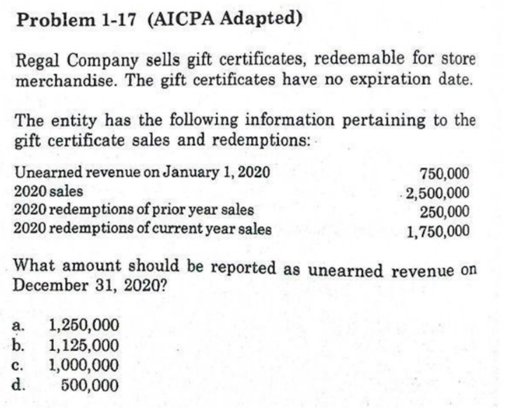 Problem 1-17 (AICPA Adapted)
Regal Company sells gift certificates, redeemable for store
merchandise. The gift certificates have no expiration date.
The entity has the following information pertaining to the
gift certificate sales and redemptions: -
Unearned revenue on January 1, 2020
2020 sales
2020 redemptions of prior year sales
2020 redemptions of current year sales
750,000
-2,500,000
250,000
1,750,000
What amount should be reported as unearned revenue on
December 31, 2020?
1,250,000
b.
а.
1,125,000
1,000,000
d.
с.
500,000
