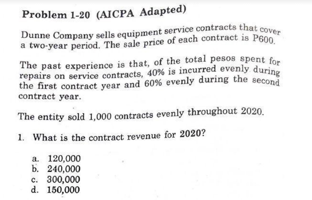 The past experience is that, of the total pesos spent for
Problem 1-20 (AICPA Adapted)
repairs on service contracts, 40% is incurred evenly during
Dunne Company sells equipment service contracts that cover
a two-year period. The sale price of each contract is P600
The past experience is that, of the total pesos spent for
the first contract year and 60% evenly during the second
contract year.
The entity sold 1,000 contracts evenly throughout 2020.
1. What is the contract revenue for 2020?
a. 120,000
b. 240,000
c. 300,000
d. 150,000
