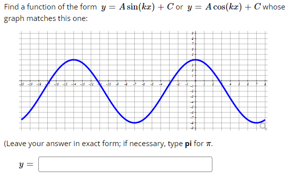 Find a function of the form y = Asin(kæ) + C or y = A cos(ka) + C whose
graph matches this one:
-20 -is -la
-10
(Leave your answer in exact form; if necessary, type pi for T.
y =
