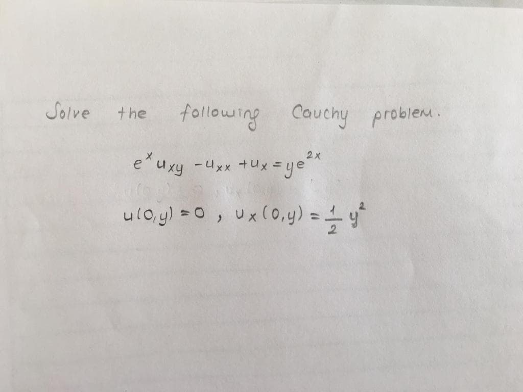 Solve
following Couchy probiem.
the
2x
e^uxy -uxx +Ux=
ye
ul0.y) =O, Ux(0,y) =y
