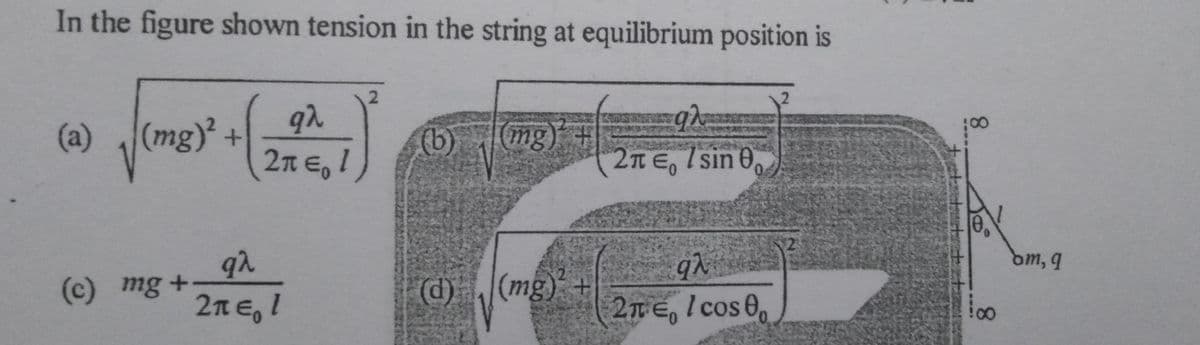 In the figure shown tension in the string at equilibrium position is
2.
(a) (mg) +
2n E, I
mg)
(b)
2n E, Isin 0
(c) mg+
(d)
(mg) +
om, q
2n E, I
2nE, I cos 0
8.
