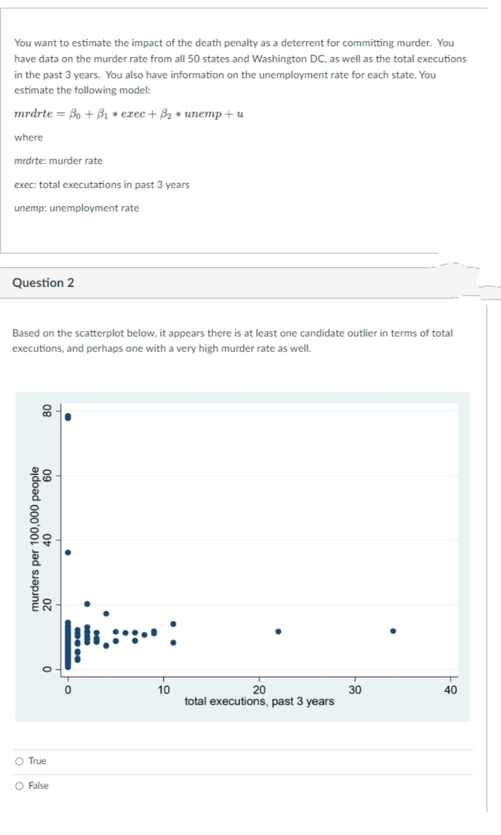 You want to estimate the impact of the death penalty as a deterrent for committing murder. You
have data on the murder rate from all 50 states and Washington DC, as well as the total executions
in the past 3 years. You also have information on the unemployment rate for each state. You
estimate the following model:
mrdrte = Bo + B₁ * exec + ß₂ * unemp+u
where
mrdrte: murder rate
exec: total executations in past 3 years
unemp: unemployment rate
Question 2
Based on the scatterplot below, it appears there is at least one candidate outlier in terms of total
executions, and perhaps one with a very high murder rate as well.
30
40
80
murders per 100,000 people
40
20
09
KY:
10
0
O True
O False
O
20
total executions, past 3 years