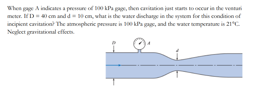 When gage A indicates a pressure of 100 kPa gage, then cavitation just starts to occur in the venturi
meter. If D = 40 cm and d = 10 cm, what is the water discharge in the system for this condition of
incipient cavitation? The atmospheric pressure is 100 kPa gage, and the water temperature is 21°C.
Neglect gravitational effects.
A
