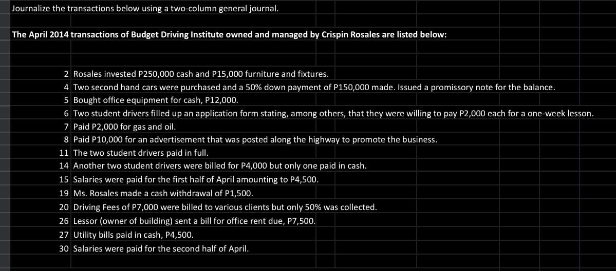 Journalize the transactions below using a two-column general journal.
The April 2014 transactions of Budget Driving Institute owned and managed by Crispin Rosales are listed below:
2 Rosales invested P250,000 cash and P15,000 furniture and fixtures.
4 Two second hand cars were purchased and a 50% down payment of P150,000 made. Issued a promissory note for the balance.
5 Bought office equipment for cash, P12,000.
6 Two student drivers filled up an application form stating, among others, that they were willing to pay P2,000 each for a one-week lesson.
7 Paid P2,000 for gas and oil.
8 Paid P10,000 for an advertisement that was posted along the highway to promote the business.
11 The two student drivers paid in full.
14 Another two student drivers were billed for P4,000 but only one paid in cash.
15 Salaries were paid for the first half of April amounting to P4,500.
19 Ms. Rosales made a cash withdrawal of P1,500.
20 Driving Fees of P7,000 were billed to various clients but only 50% was collected.
26 Lessor (owner of building) sent a bill for office rent due, P7,500.
27 Utility bills paid in cash, P4,500.
30 Salaries were paid for the second half of April.
