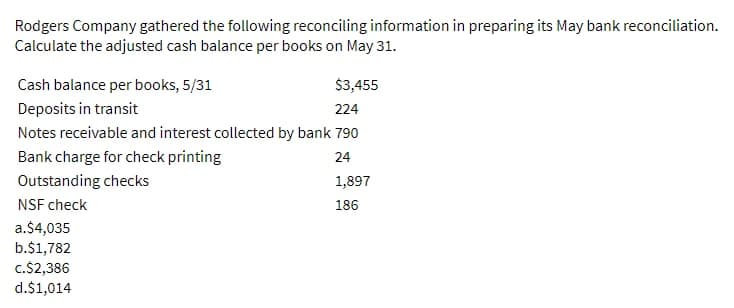 Rodgers Company gathered the following reconciling information in preparing its May bank reconciliation.
Calculate the adjusted cash balance per books on May 31.
Cash balance per books, 5/31
$3,455
Deposits in transit
224
Notes receivable and interest collected by bank 790
Bank charge for check printing
24
Outstanding checks
1,897
NSF check
186
a.$4,035
b.$1,782
c.$2,386
d.$1,014
