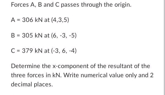 Forces A, B and C passes through the origin.
A 306 kN at (4,3,5)
B = 305 kN at (6, -3, -5)
C = 379 kN at (-3, 6, -4)
Determine the x-component of the resultant of the
three forces in kN. Write numerical value only and 2
decimal places.