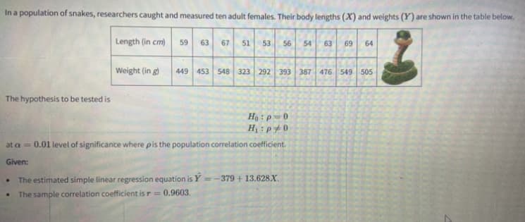 In a population of snakes, researchers caught and measured ten adult females. Their body lengths (X) and weights (Y) are shown in the table below.
Length (in cm)
59
63
67
51
53
56
54
63
69
64
Weight (in g)
449 453 548 323 292 393 387 476 549 505
The hypothesis to be tested is
Ho : p = 0
Hị : p# 0
at a = 0.01 level of significance where pis the population correlation coefficient.
Given:
The estimated simple linear regression equation is Y =-379 + 13.628.X.
The sample correlation coefficient is r=
0.9603.
