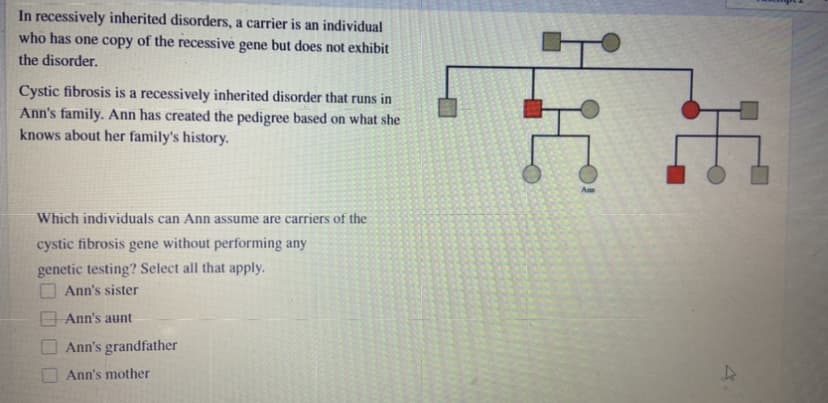 In recessively inherited disorders, a carrier is an individual
who has one copy of the recessive gene but does not exhibit
the disorder.
Cystic fibrosis is a recessively inherited disorder that runs in
Ann's family. Ann has created the pedigree based on what she
knows about her family's history.
A
Which individuals can Ann assume are carriers of the
cystic fibrosis gene without performing any
genetic testing? Select all that apply.
O Ann's sister
Ann's aunt
Ann's grandfather
Ann's mother
