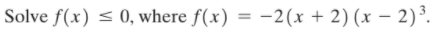Solve f(x) < 0, where f(x) = -2(x + 2) (x – 2)³.

