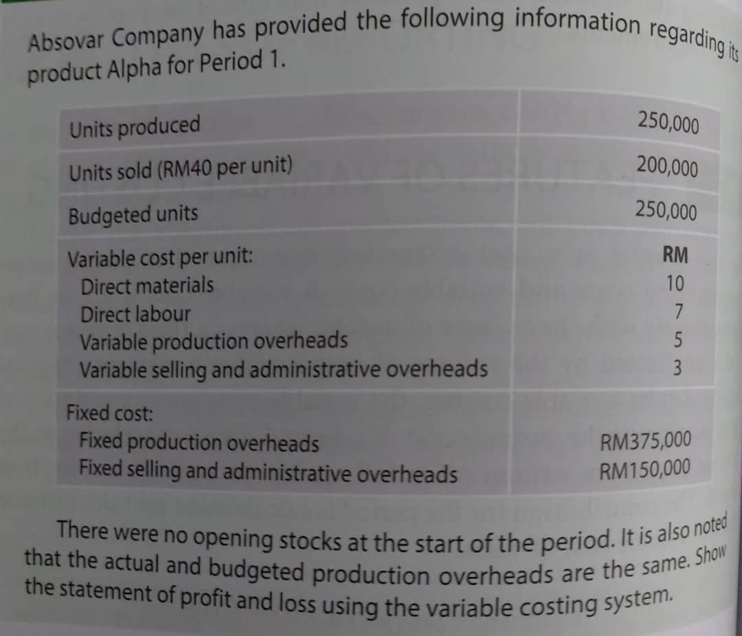 There were no opening stocks at the start of the period. It is also noted
that the actual and budgeted production overheads are the same. Show
the statement of profit and loss using the variable costing system.
Absovar Company has provided the following information regarding its
product Alpha for Period 1.
250,000
Units produced
Units sold (RM40 per unit)
200,000
250,000
Budgeted units
RM
Variable cost per unit:
Direct materials
Direct labour
10
Variable production overheads
Variable selling and administrative overheads
3
Fixed cost:
Fixed production overheads
Fixed selling and administrative overheads
RM375,000
RM150,000
