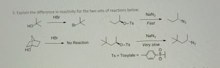 3. Explain the difference in reactivity for the two sets of reactions below:
HO
HO
HBr
Br
До-то
HBr
No Reaction
Хо-тв
Ts=Tosylate
NaN,
Ny
Fast
NaN,
Very slow
・
N
