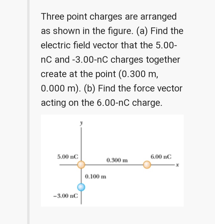 Three point charges are arranged
as shown in the figure. (a) Find the
electric field vector that the 5.00-
nC and -3.00-nC charges together
create at the point (0.300 m,
0.000 m). (b) Find the force vector
acting on the 6.00-nC charge.
5.00 nC
6.00 nC
0.300 m
0.100 m
-3.00 nC
