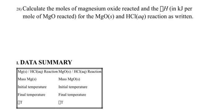 28) Calculate the moles of magnesium oxide reacted and the H (in kJ per
mole of MgO reacted) for the MgO(s) and HCl(aq) reaction as written.
1. DATA SUMMARY
Mg(s)/HCl(aq) Reaction MgO(s)/HCl(aq) Reaction
Mass Mg(s)
Mass MgO(s)
Initial temperature
Initial temperature
Final temperature
Final temperature
OT
OT