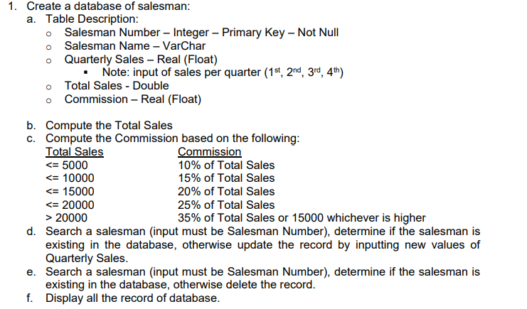 1. Create a database of salesman:
a. Table Description:
Salesman Number – Integer – Primary Key – Not Null
Salesman Name – VarChar
o Quarterly Sales – Real (Float)
• Note: input of sales per quarter (1st, 2nd, 3rd, 4th)
Total Sales - Double
Commission – Real (Float)
b. Compute the Total Sales
c. Compute the Commission based on the following:
Total Sales
<= 5000
<= 10000
Commission
10% of Total Sales
15% of Total Sales
<= 15000
20% of Total Sales
<= 20000
> 20000
d. Search a salesman (input must be Salesman Number), determine if the salesman is
existing in the database, otherwise update the record by inputting new values of
Quarterly Sales.
e. Search a salesman (input must be Salesman Number), determine if the salesman is
existing in the database, otherwise delete the record.
f. Display all the record of database.
25% of Total Sales
35% of Total Sales or 15000 whichever is higher
