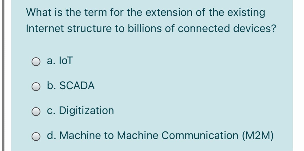 What is the term for the extension of the existing
Internet structure to billions of connected devices?
O a. loT
O b. SCADA
O c. Digitization
O d. Machine to Machine Communication (M2M)
