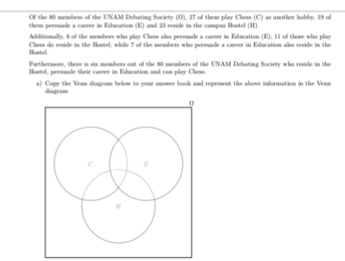 Of the s0 memben of the UNAM Debating Society (1), 27 of them play Chess (C) as another hobby, 19 of
them perade a carer in Education (E) and 23 reside in the campus Hostel (H).
Additionally, S of the members who play Chess also persuade a career in Elucation (E); 11 of those who play
Che do reside in the Hostel, while 7 of the members who persuade a career in Education abo reside in the
Hostel.
Furthermore, there is six members out of the 80 members of the UNAM Debating Society who reside in the
Hostel, perade their carer in Education and can play Chess.
a) Copy the Venn diagram below to your answer book and represent the above information in the Venn
diagram

