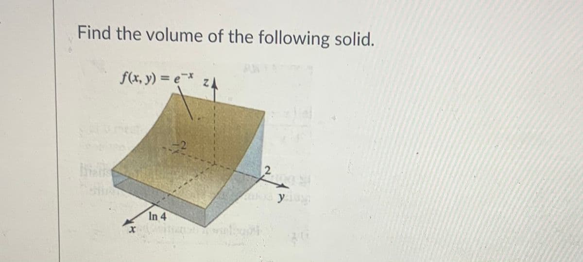 Find the volume of the following solid.
f(x, y) = e* zA
In 4

