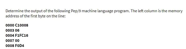 Determine the output of the following Pep/9 machine language program. The left column is the memory
address of the first byte on the line:
0000 C10008
0003 06
0004 F1FC16
0007 00
0008 F0D4
