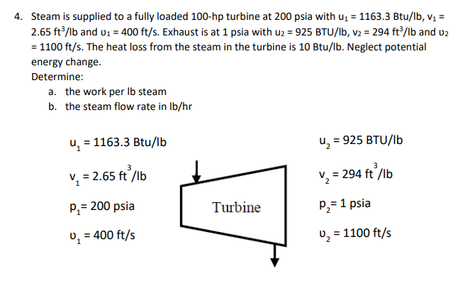 4. Steam is supplied to a fully loaded 100-hp turbine at 200 psia with u, = 1163.3 Btu/lb, v1 =
2.65 ft/lb and u1 = 400 ft/s. Exhaust is at 1 psia with uz = 925 BTU/lb, v2 = 294 ft?/lb and u2
= 1100 ft/s. The heat loss from the steam in the turbine is 10 Btu/lb. Neglect potential
%3D
energy change.
Determine:
a. the work per Ib steam
b. the steam flow rate in Ib/hr
u, = 1163.3 Btu/Ib
= 925 BTU/lb
3
v, = 2.65 ft /lb
= 294 ft /lb
P,= 200 psia
Turbine
P,= 1 psia
v, = 400 ft/s
v, = 1100 ft/s
1
