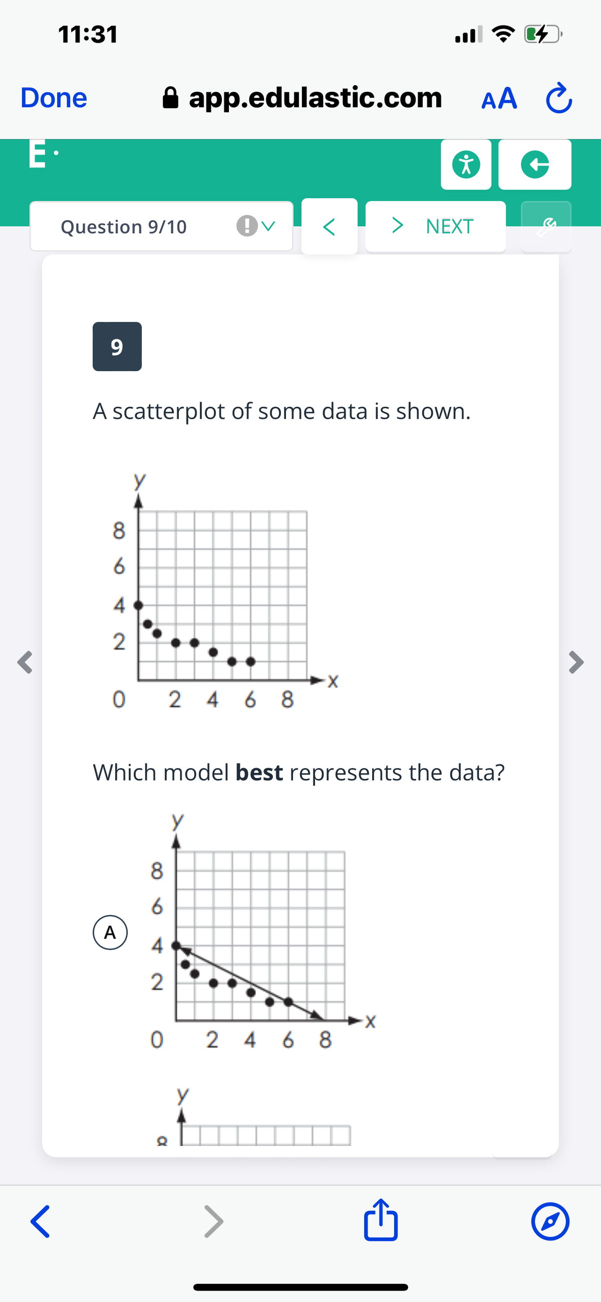 11:31
Done
app.edulastic.com AA C
E·
Question 9/10
> NEXT
9.
A scatterplot of some data is shown.
8.
4
2
0 2 4 6 8
Which model best represents the data?
8
6
A
O 2 4 6 8
