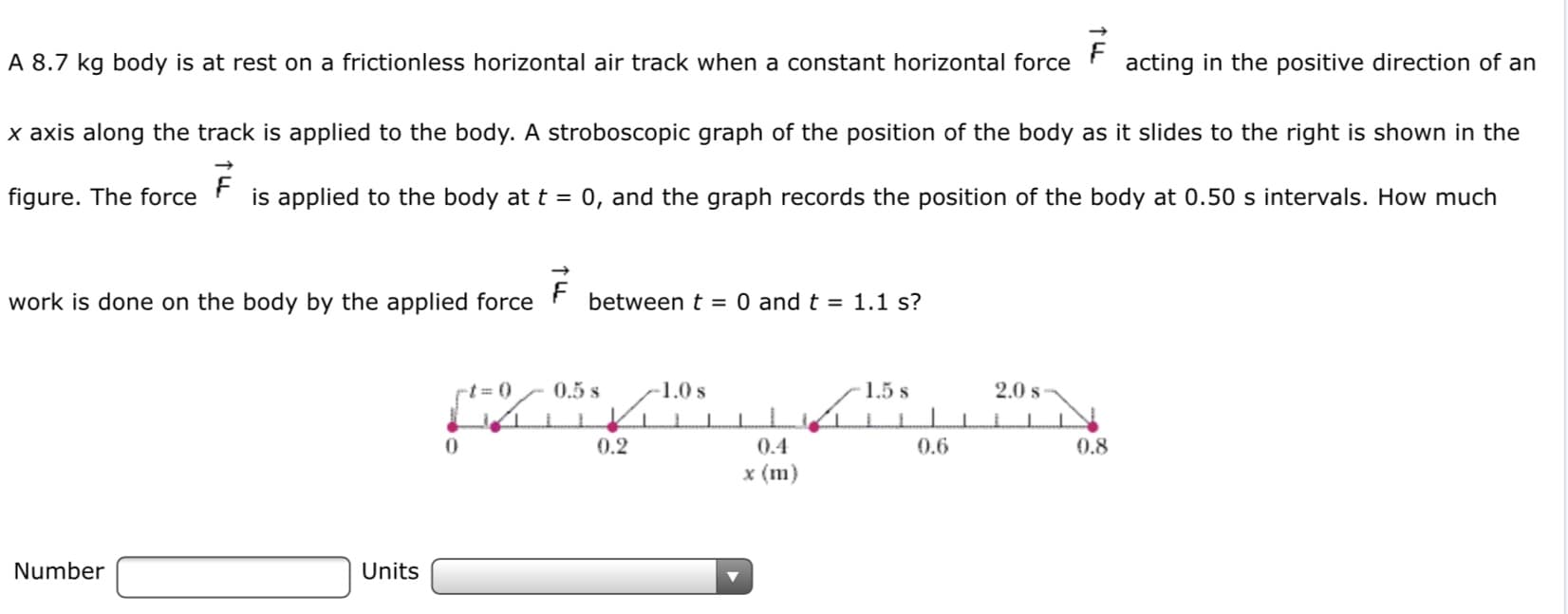 A 8.7 kg body is at rest on a frictionless horizontal air track when a constant horizontal force
acting in the positive direction of an
|x axis along the track is applied to the body. A stroboscopic graph of the position of the body as it slides to the right is shown in the
figure. The force
is applied to the body at t = 0, and the graph records the position of the body at 0.50 s intervals. How much
work is done on the body by the applied force
between t = 0 and t = 1.1 s?
rt= (0
0.5 s
1.0 s
1.5 s
2.0 s
0.2
0.4
0.6
0.8
x (m)
Number
Units
