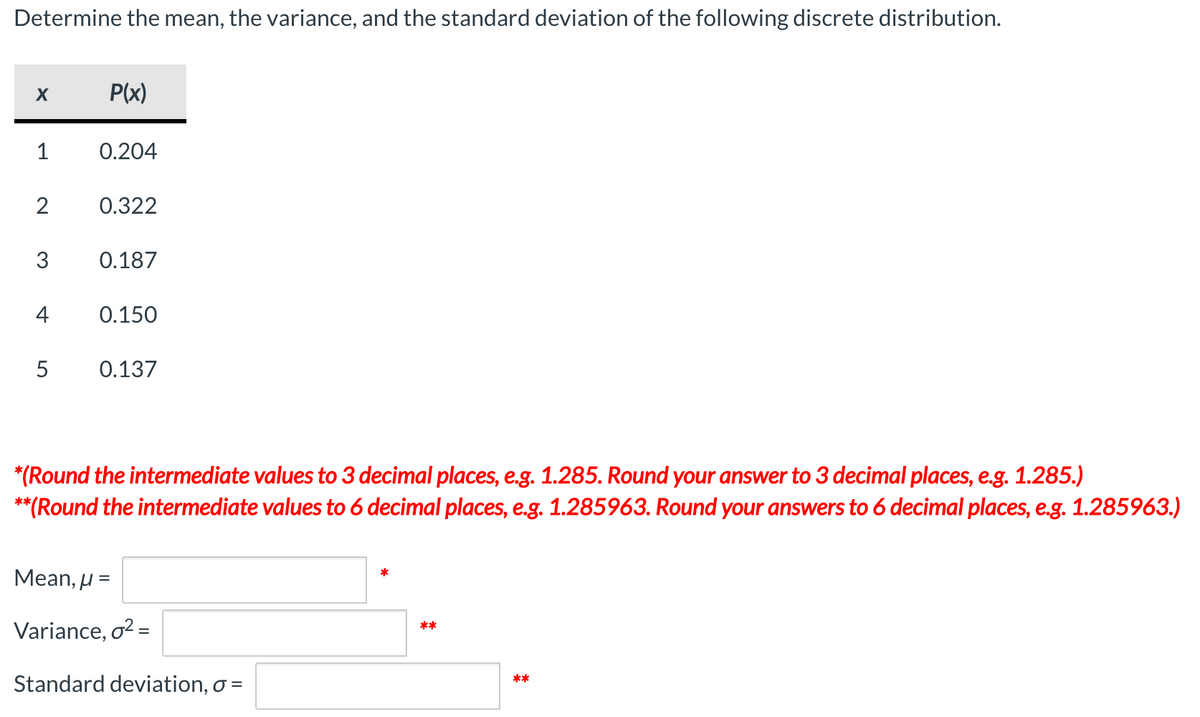 Determine the mean, the variance, and the standard deviation of the following discrete distribution.
P(x)
1
0.204
2
0.322
3
0.187
4
0.150
5
0.137
*(Round the intermediate values to 3 decimal places, e.g. 1.285. Round your answer to 3 decimal places, e.g. 1.285.)
**(Round the intermediate values to 6 decimal places, e.g. 1.285963. Round your answers to 6 decimal places, e.g. 1.285963.)
Мean, u %
Variance, o2 =
**
Standard deviation, o =
**

