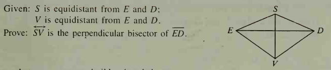 Given: S is equidistant from E and D;
V is equidistant from E and D.
Prove: ŠV is the perpendicular bisector of ED.
S
E
