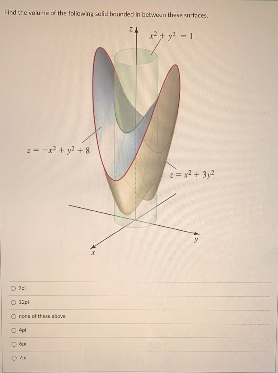 Find the volume of the following solid bounded in between these surfaces.
x2 + y? = 1
z = -x2 + y2 + 8
z = x2 + 3y²
O 9pi
O 12pi
O none of these above
O 4pi
O 6pi
O 7pi
