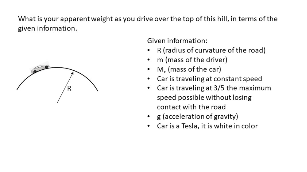 What is your apparent weight as you drive over the top of this hill, in terms of the
given information.
Given information:
R (radius of curvature of the road)
m (mass of the driver)
M. (mass of the car)
Car is traveling at constant speed
Car is traveling at 3/5 the maximum
speed possible without losing
contact with the road
g (acceleration of gravity)
Car is a Tesla, it is white in color
