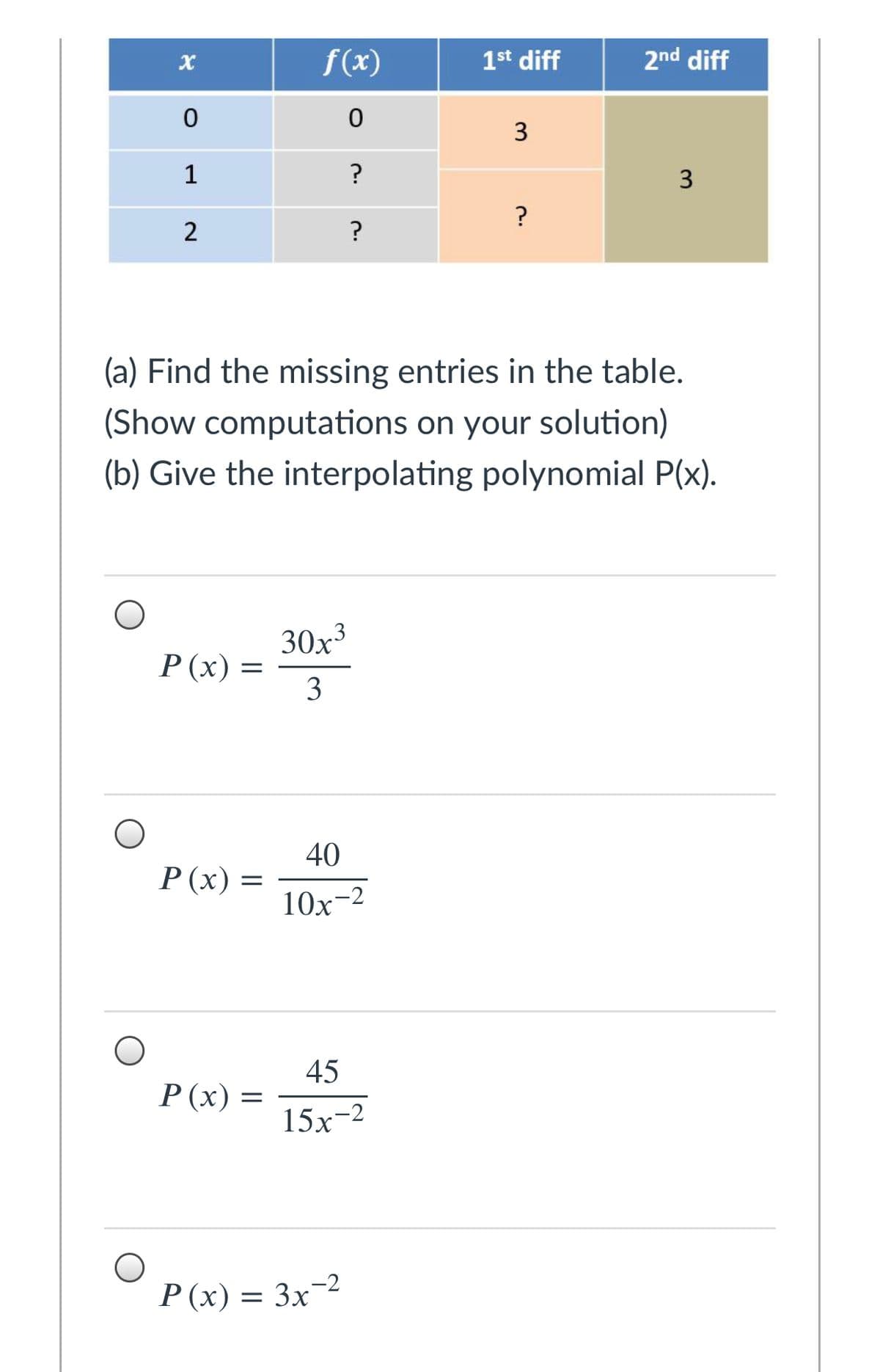 f(x)
1st diff
2nd diff
3
1
?
3
2
?
(a) Find the missing entries in the table.
(Show computations on your solution)
(b) Give the interpolating polynomial P(x).
30x3
P (x) =
3
40
Р (х) —
10x-2
45
Р (х) —
15х-2
Р(х) — Зх 2
