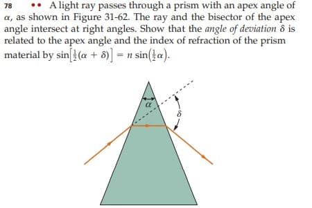 •• Alight ray passes through a prism with an apex angle of
a, as shown in Figure 31-62. The ray and the bisector of the apex
angle intersect at right angles. Show that the angle of deviation & is
related to the apex angle and the index of refraction of the prism
material by sin {(a + 8)] = n sin(ta).
78
