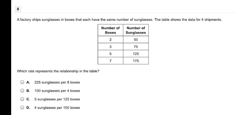 8.
A factory ships sunglasses in boxes that each have the same number of sunglasses. The table shows the data for 4 shipments.
Number of
Number of
Вохes
Sunglasses
2
50
3
75
125
7
175
Which rate represents the relationship in the table?
A. 225 sunglasses per 8 boxes
В.
100 sunglasses per 4 boxes
С.
5 sunglasses per 125 boxes
D.
4 sunglasses per 100 boxes
