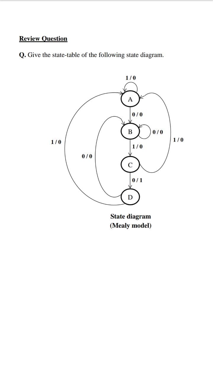 Review Question
Q. Give the state-table of the following state diagram.
1/0
0/0
В
0/0
1/0
1/0
1/0
0/0
0/1
State diagram
(Mealy model)

