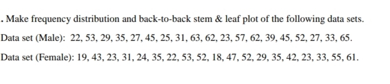 . Make frequency distribution and back-to-back stem & leaf plot of the following data sets.
Data set (Male): 22, 53, 29, 35, 27, 45, 25, 31, 63, 62, 23, 57, 62, 39, 45, 52, 27, 33, 65.
Data set (Female): 19, 43, 23, 31, 24, 35, 22, 53, 52, 18, 47, 52, 29, 35, 42, 23, 33, 55, 61.
